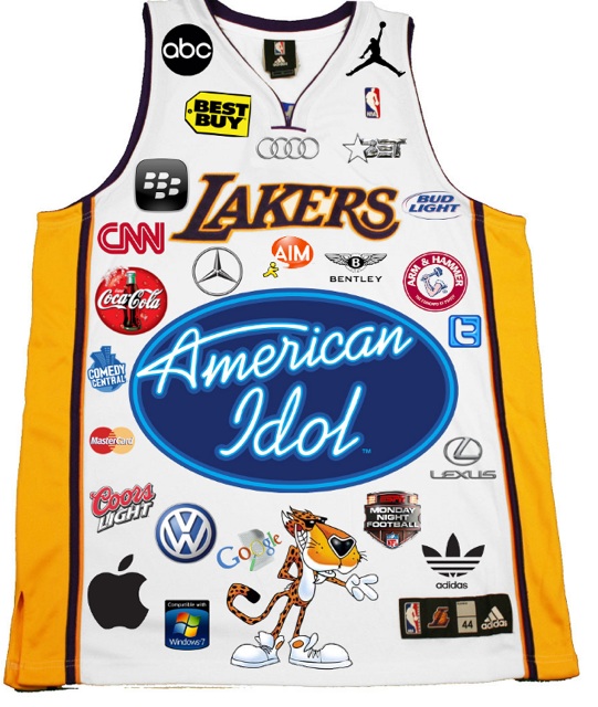Esboço do novo uniforme dos Lakers, após a aprovação de marcas publicitárias pela NBA em 2013/2014 (É brincadeira...)